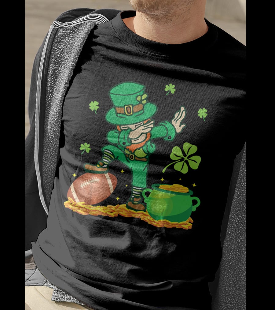 Leprechaun Dabbing With Football Shamrocks And Pot Of Gold T-Shirt