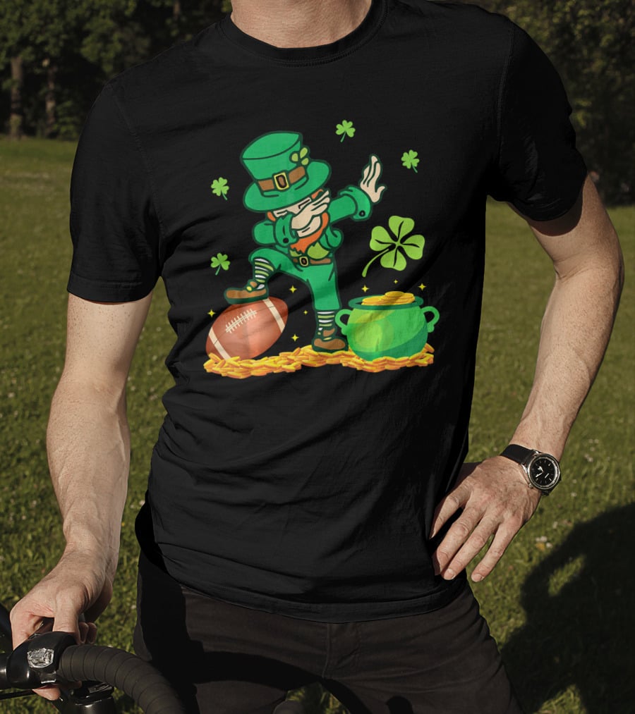 Leprechaun Dabbing With Football Shamrocks And Pot Of Gold T-Shirt