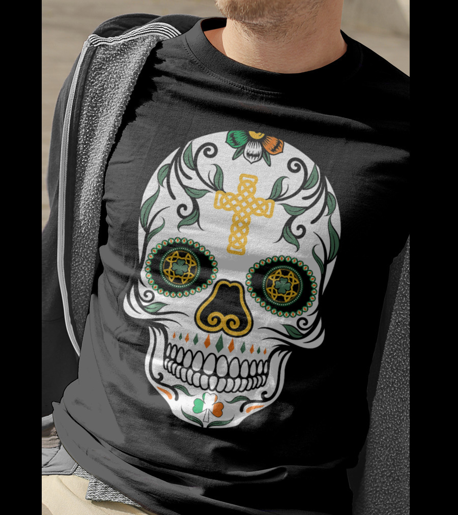 Cinco De Mayo Shamrock Sugar Skull Celtic Cross Floral T-Shirt