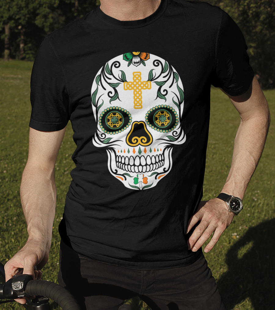 Cinco De Mayo Shamrock Sugar Skull Celtic Cross Floral T-Shirt