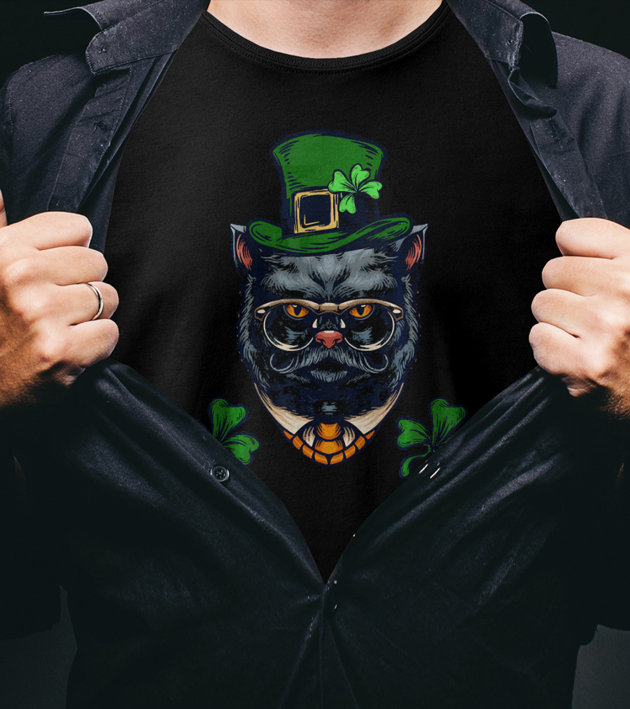 Funny Cat Mustache Leprechaun With Shamrocks And Glasses T-Shirt
