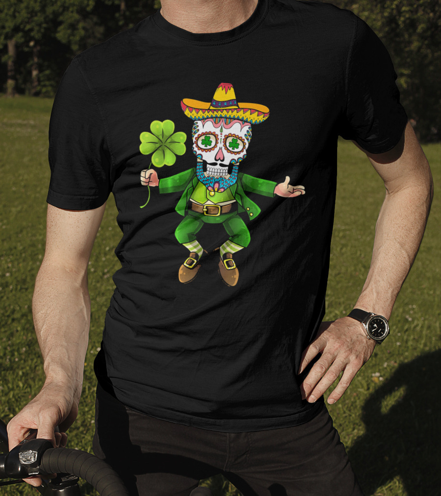 Cinco De Mayo Leprechaun Sugar Skull Sombrero And Shamrock T-Shirt