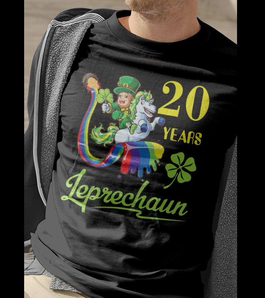 20 Years Leprechaun Riding Unicorn Rainbow Shamrock T-Shirt