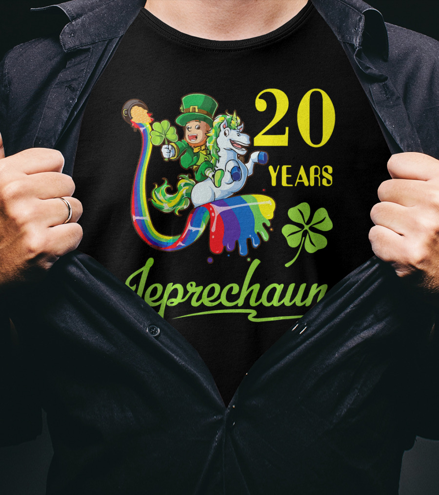 20 Years Leprechaun Riding Unicorn Rainbow Shamrock T-Shirt