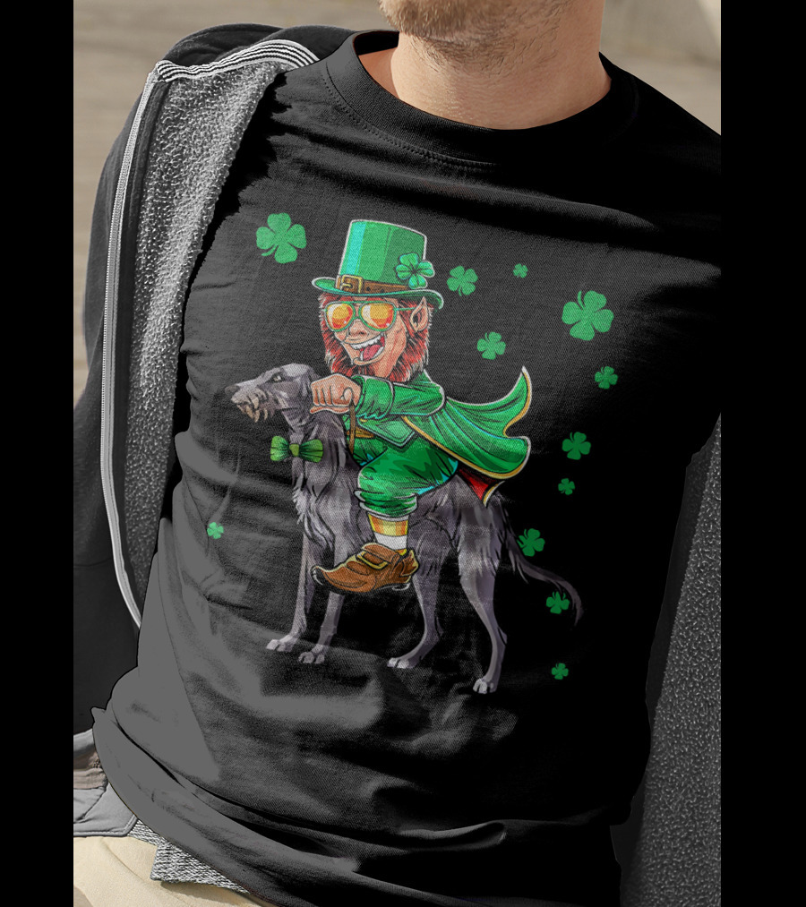 Leprechaun Riding Scottish Deerhound With Shamrocks T-Shirt