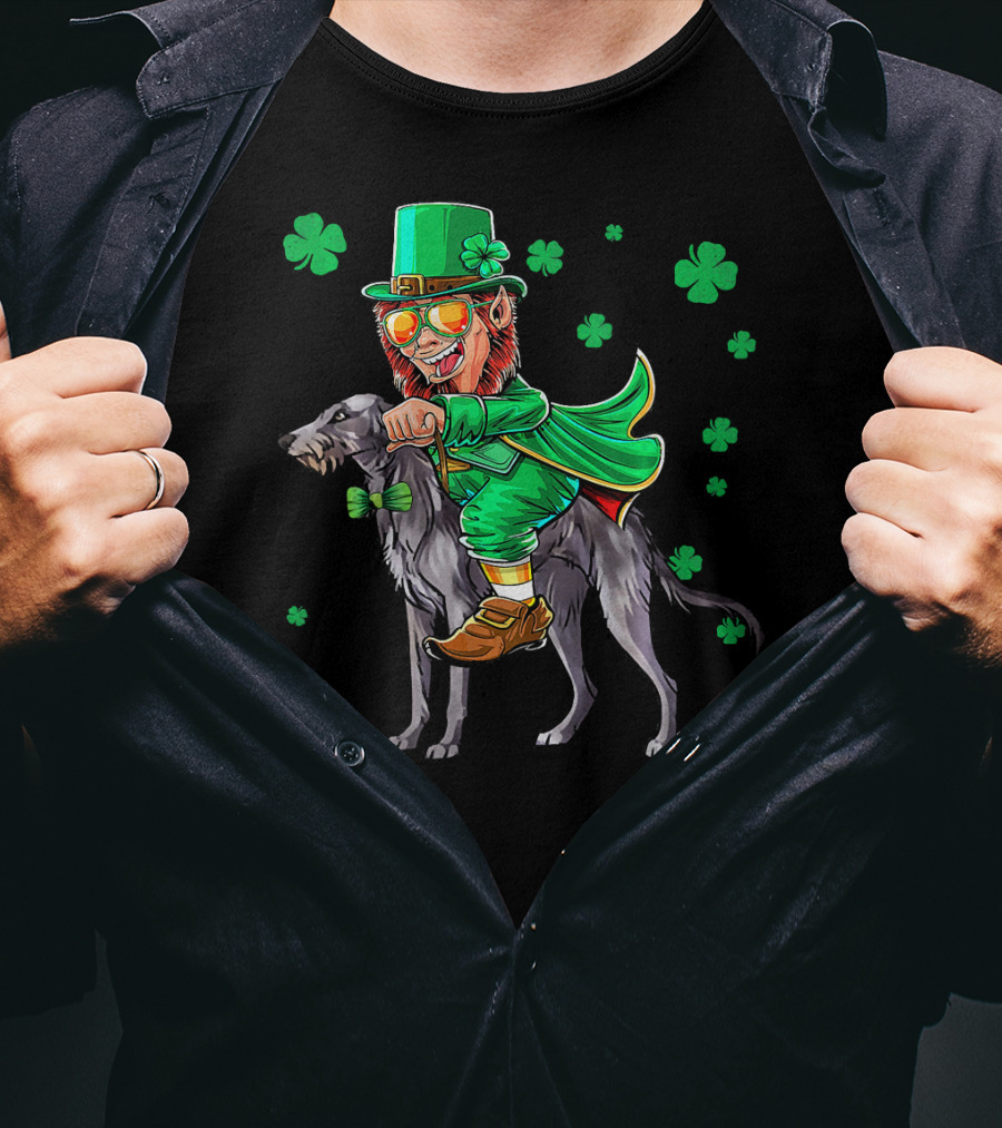 Leprechaun Riding Scottish Deerhound With Shamrocks T-Shirt