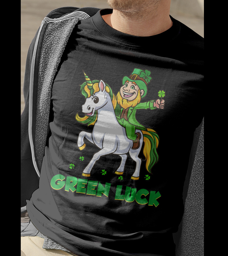 Green Luck Leprechaun Holding Shamrock Riding Unicorn T-Shirt
