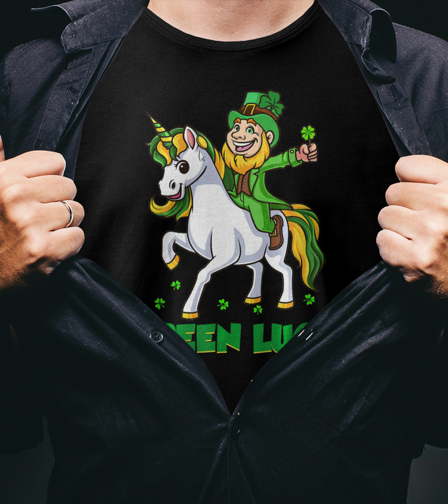 Green Luck Leprechaun Holding Shamrock Riding Unicorn T-Shirt