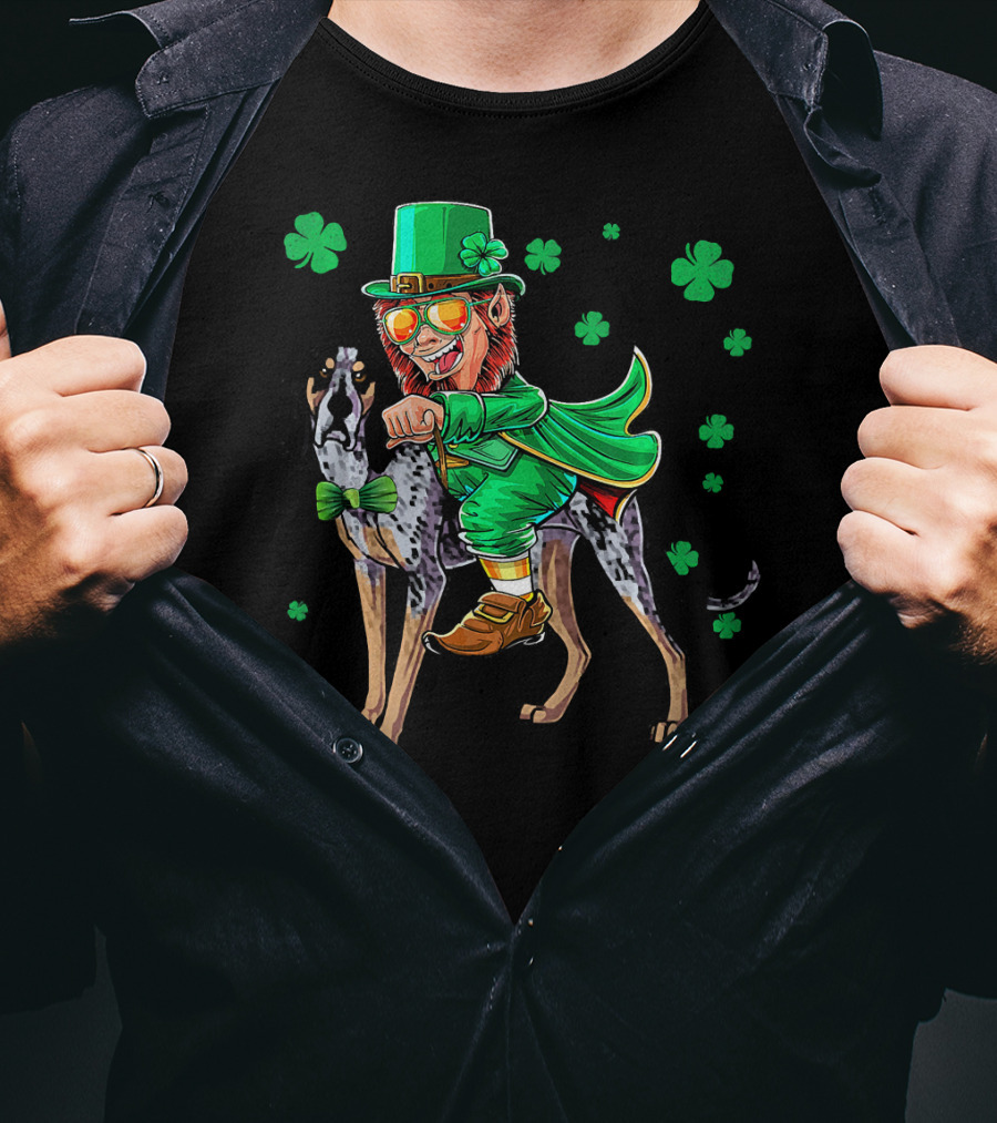 Leprechaun Riding Bluetick Coonhound With Shamrock Accents T-Shirt