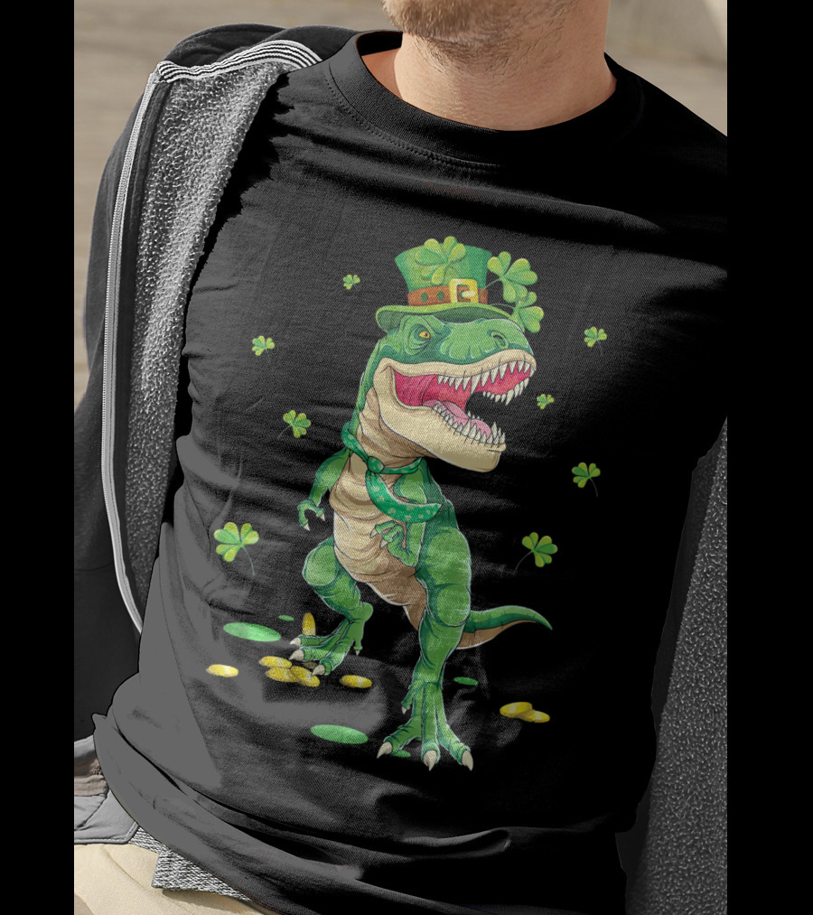 Happy St. Patrick’s Day Dinosaur Leprechaun Shamrocks Gold T-Shirt