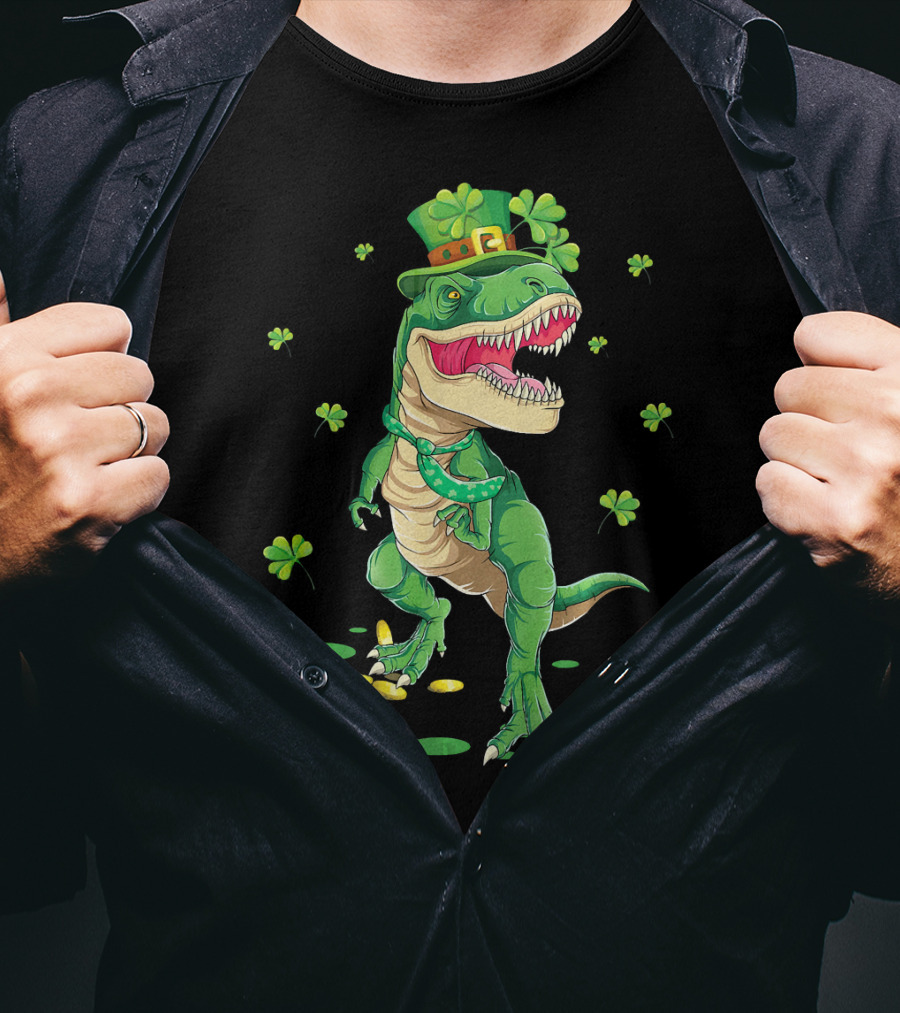 Happy St. Patrick’s Day Dinosaur Leprechaun Shamrocks Gold T-Shirt
