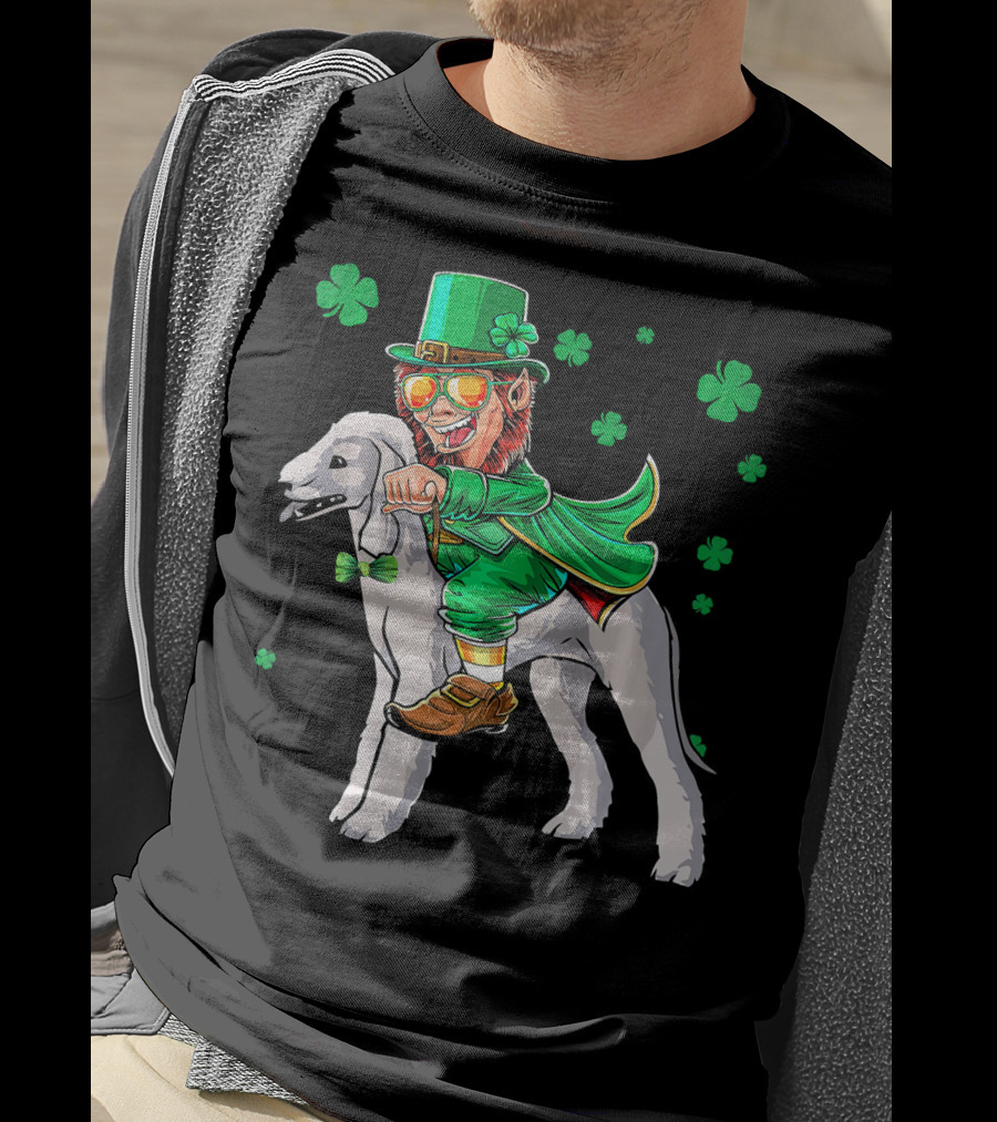 Leprechaun Riding Bedlington Terrier With Shamrock Elements T-Shirt