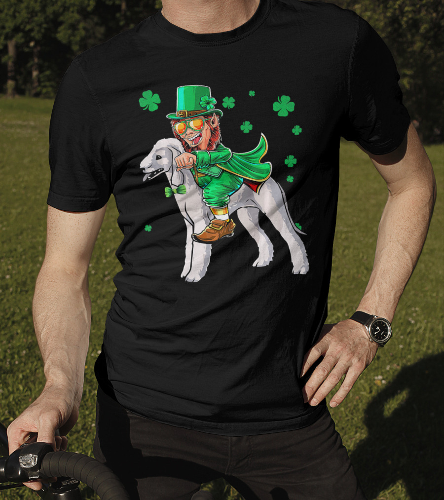 Leprechaun Riding Bedlington Terrier With Shamrock Elements T-Shirt