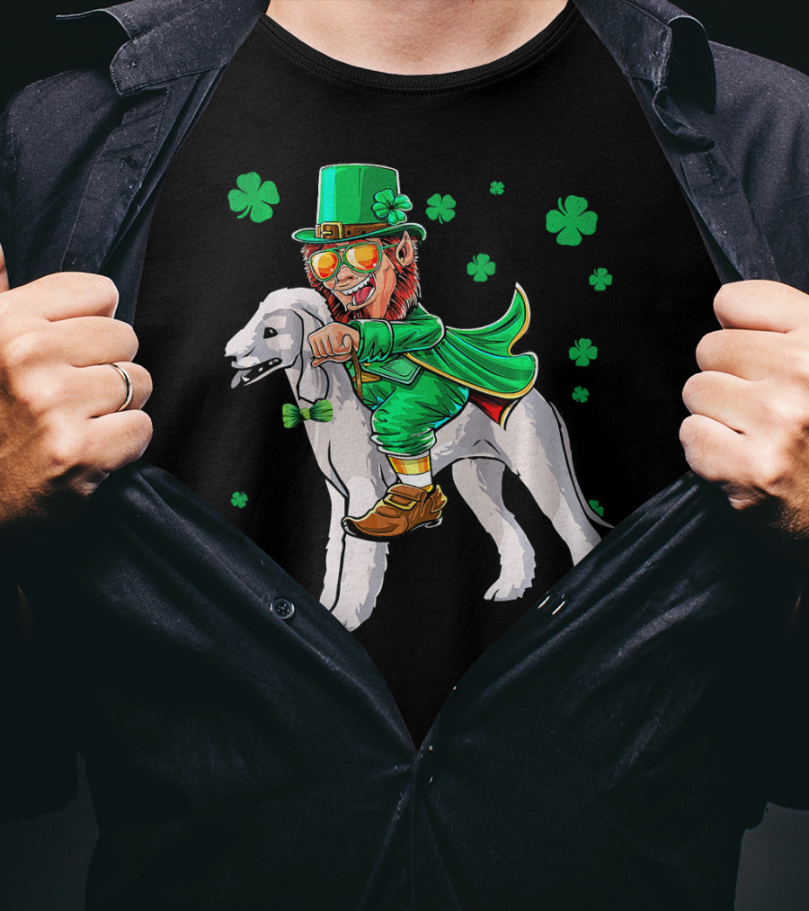 Leprechaun Riding Bedlington Terrier With Shamrock Elements T-Shirt