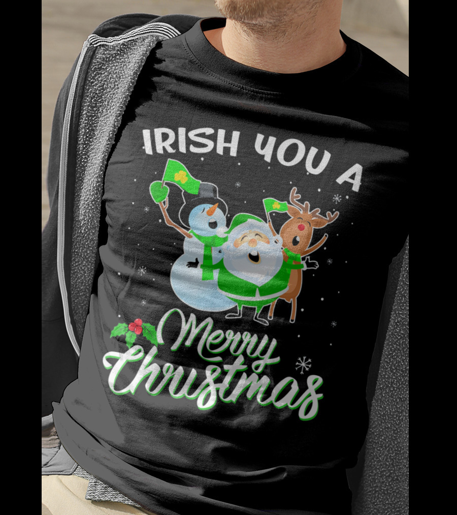 Irish You A Merry Christmas Snowman Santa Reindeer T-Shirt