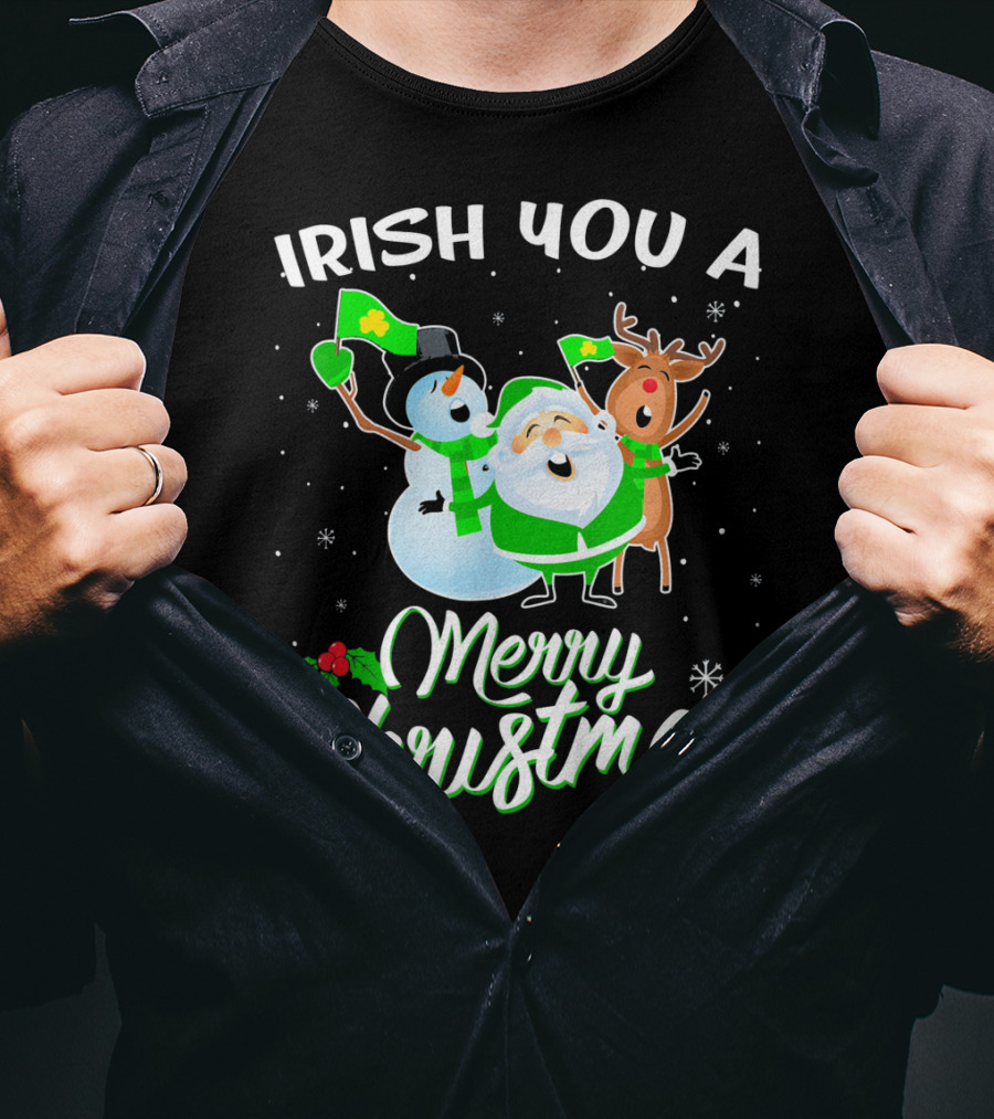 Irish You A Merry Christmas Snowman Santa Reindeer T-Shirt