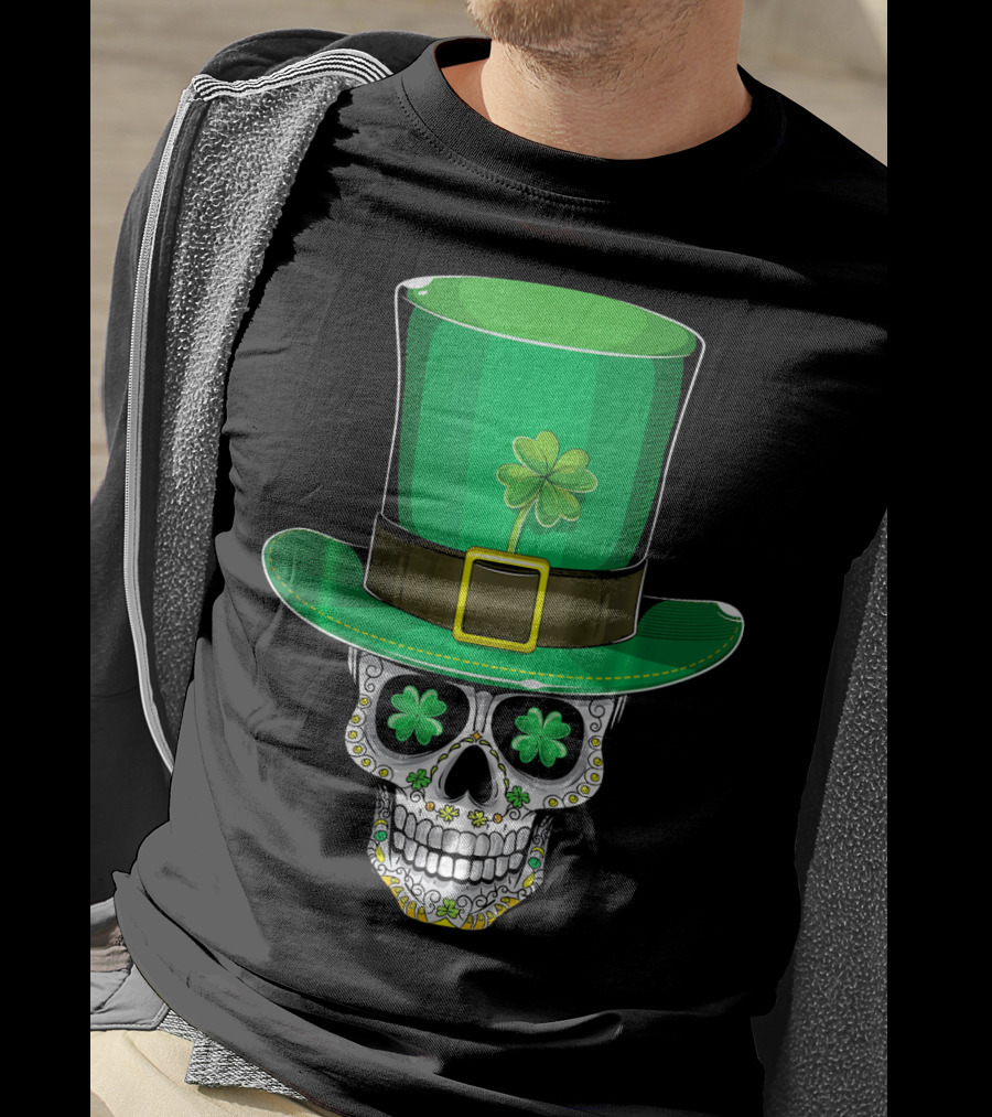 St Patricks Day Shamrock Sugar Skull Leprechaun T-Shirt