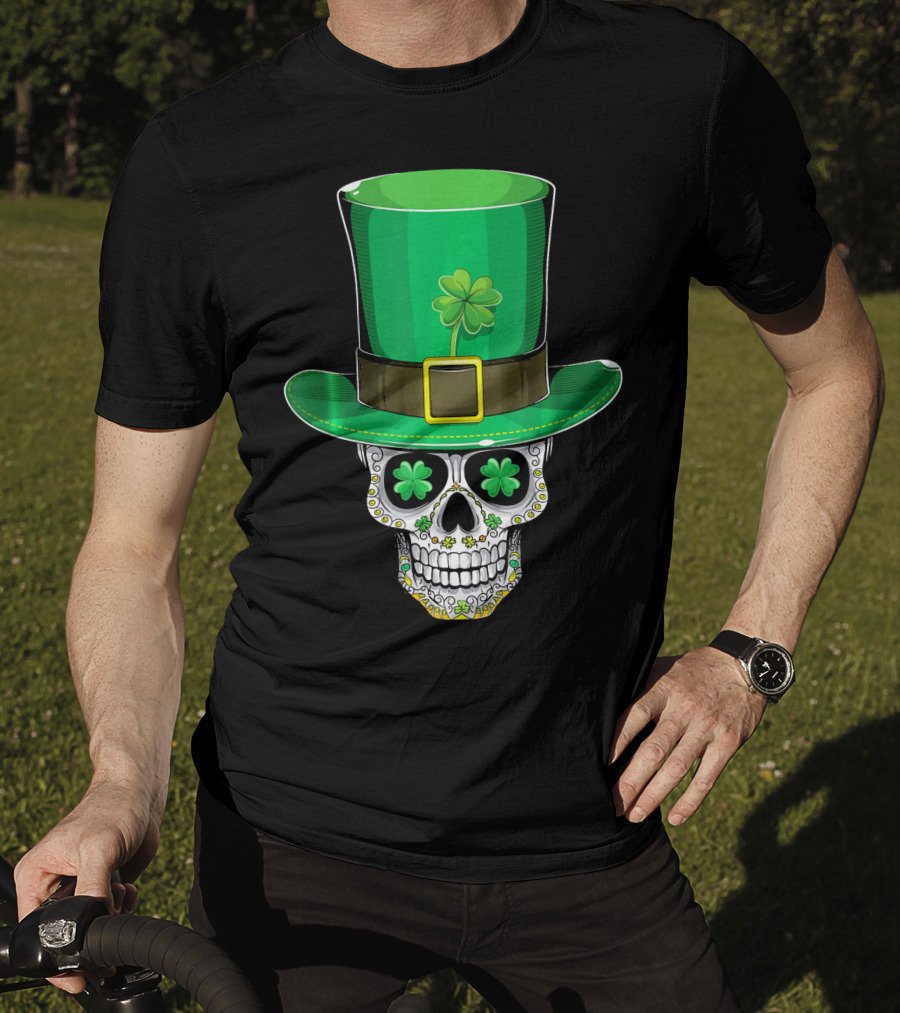 St Patricks Day Shamrock Sugar Skull Leprechaun T-Shirt