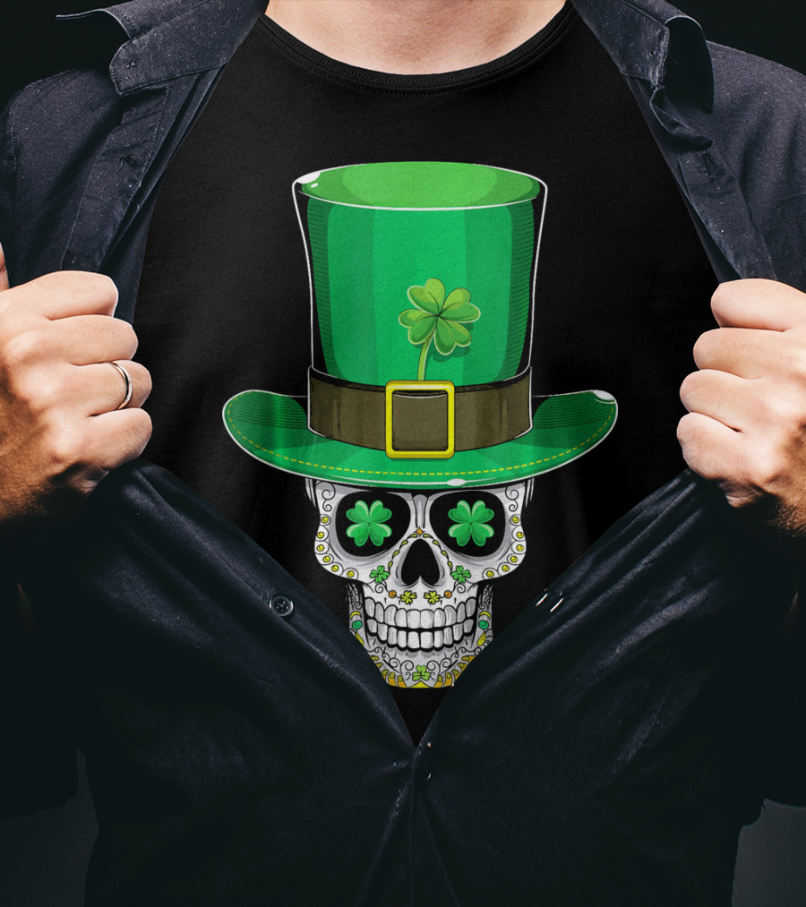 St Patricks Day Shamrock Sugar Skull Leprechaun T-Shirt