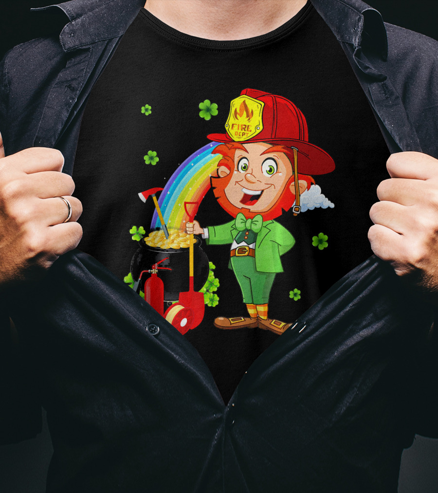 Fire Dept Leprechaun With Pot Of Gold And Rainbow T-Shirt