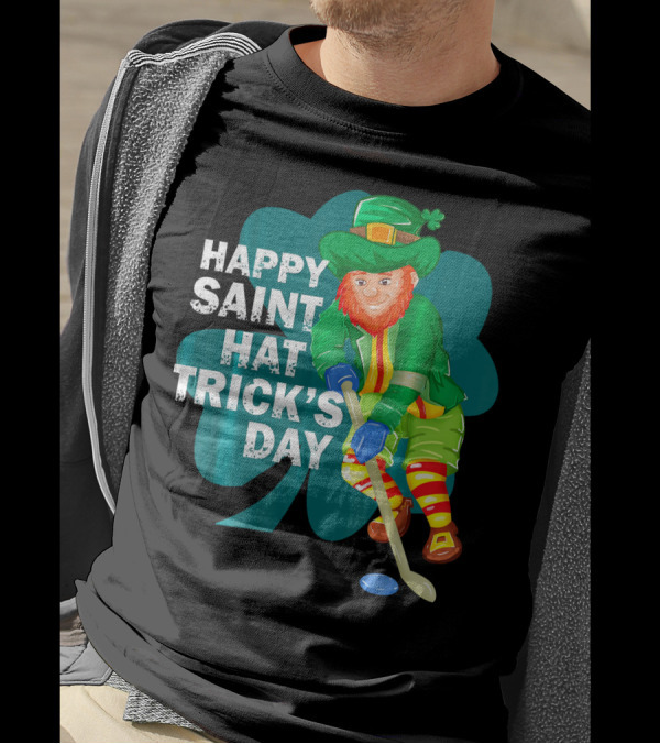 Happy Saint Hat Trick's Day Leprechaun Hockey Player Shamrock Ice T-Shirt