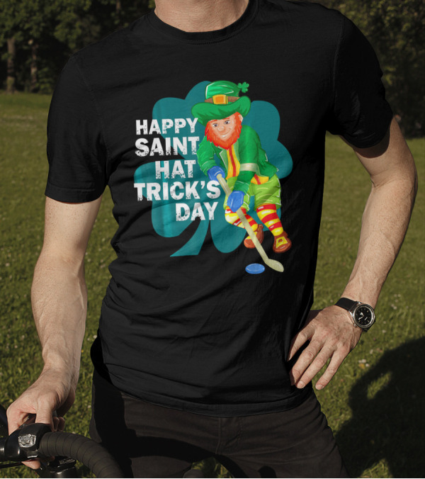 Happy Saint Hat Trick's Day Leprechaun Hockey Player Shamrock Ice T-Shirt