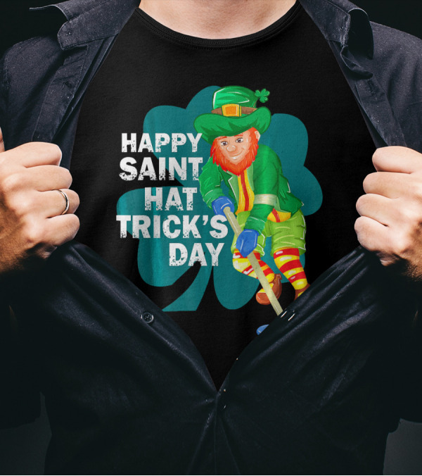 Happy Saint Hat Trick's Day Leprechaun Hockey Player Shamrock Ice T-Shirt