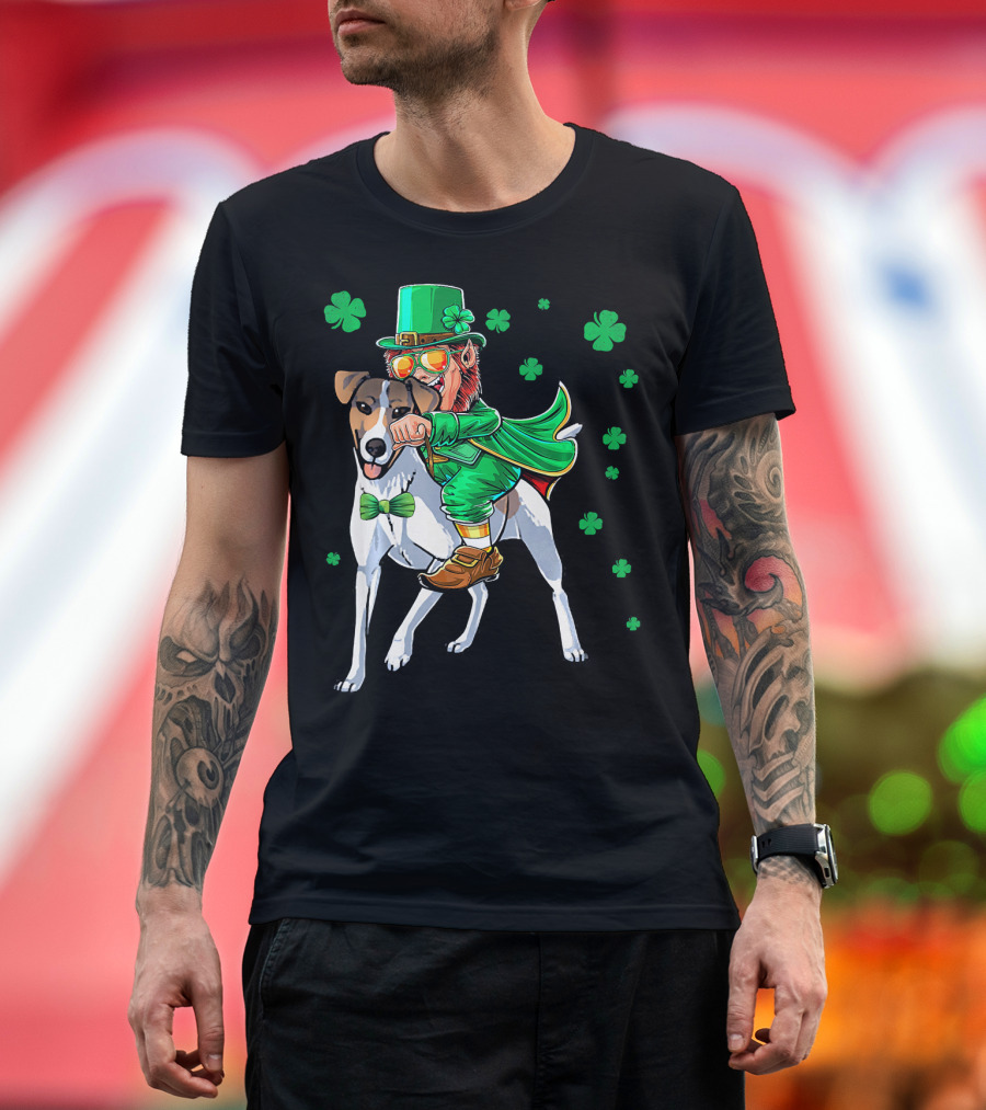 Leprechaun Riding Smooth Fox Terrier with Shamrocks T-Shirt