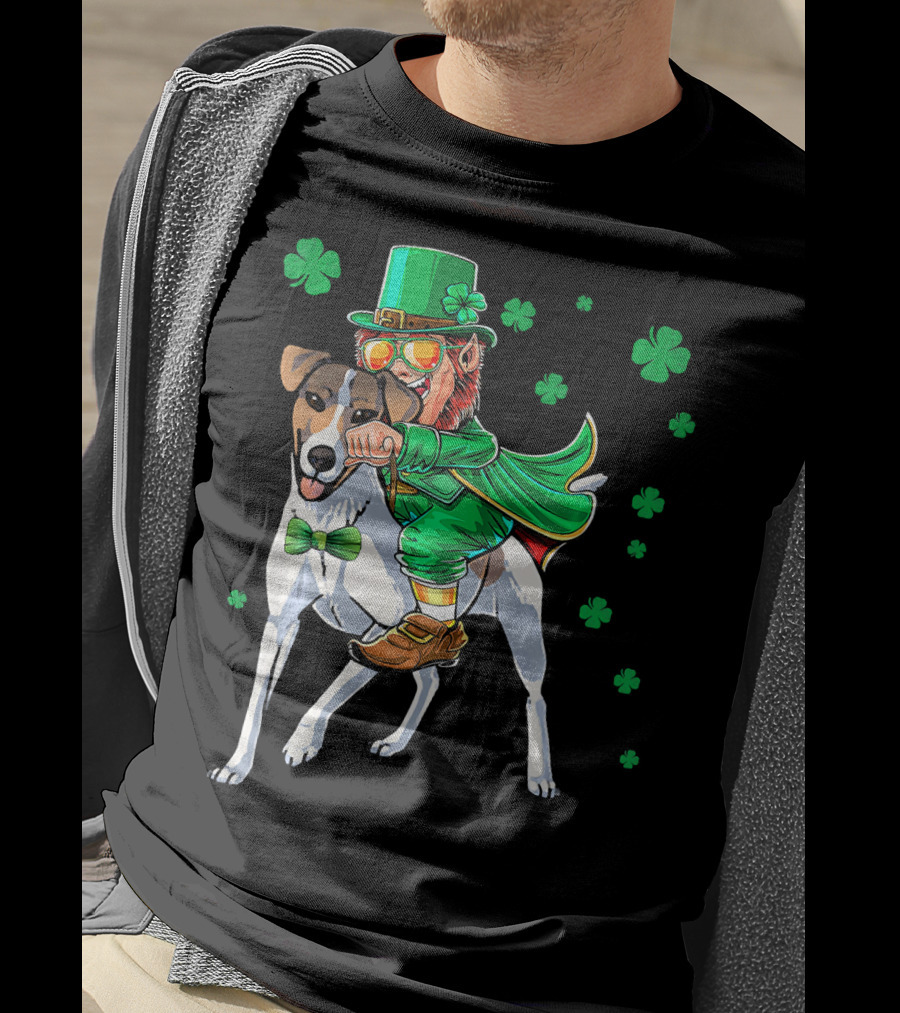 Leprechaun Riding Smooth Fox Terrier With Shamrocks T-Shirt