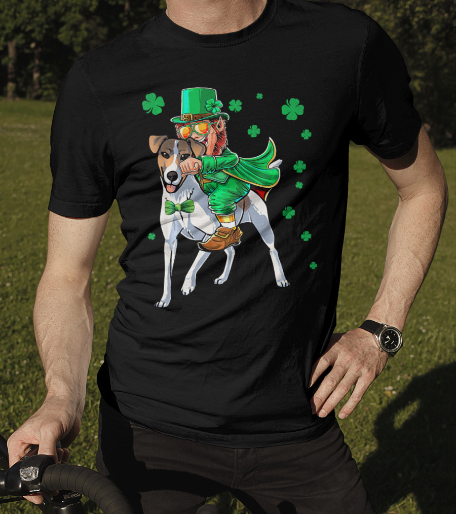 Leprechaun Riding Smooth Fox Terrier With Shamrocks T-Shirt