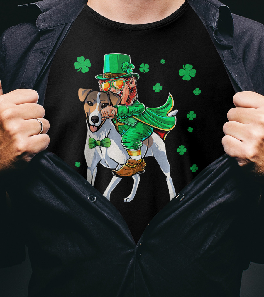 Leprechaun Riding Smooth Fox Terrier With Shamrocks T-Shirt