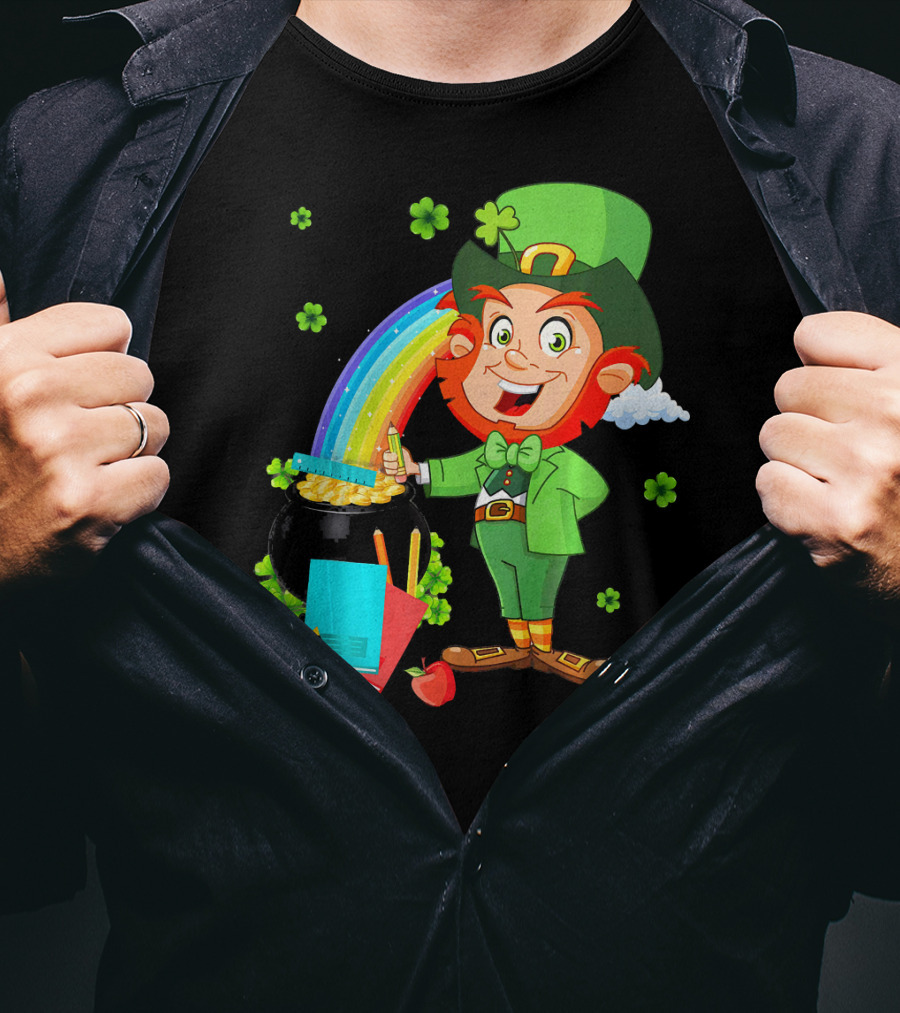 Leprechaun Teacher With Pot Of Gold And Rainbow T-Shirt