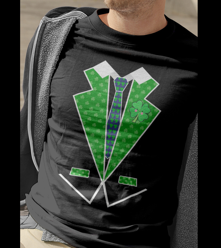 St. Patrick Day Shamrock Vest Tuxedo With Green Tie T-Shirt