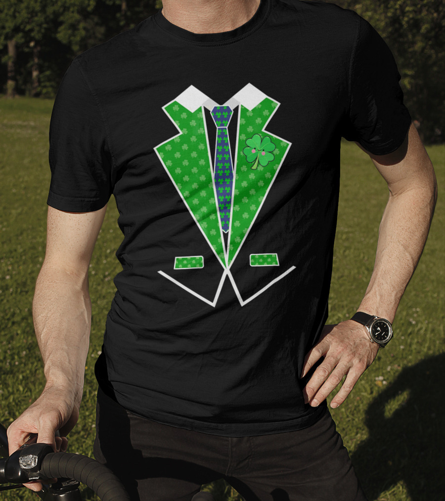 St. Patrick Day Shamrock Vest Tuxedo With Green Tie T-Shirt