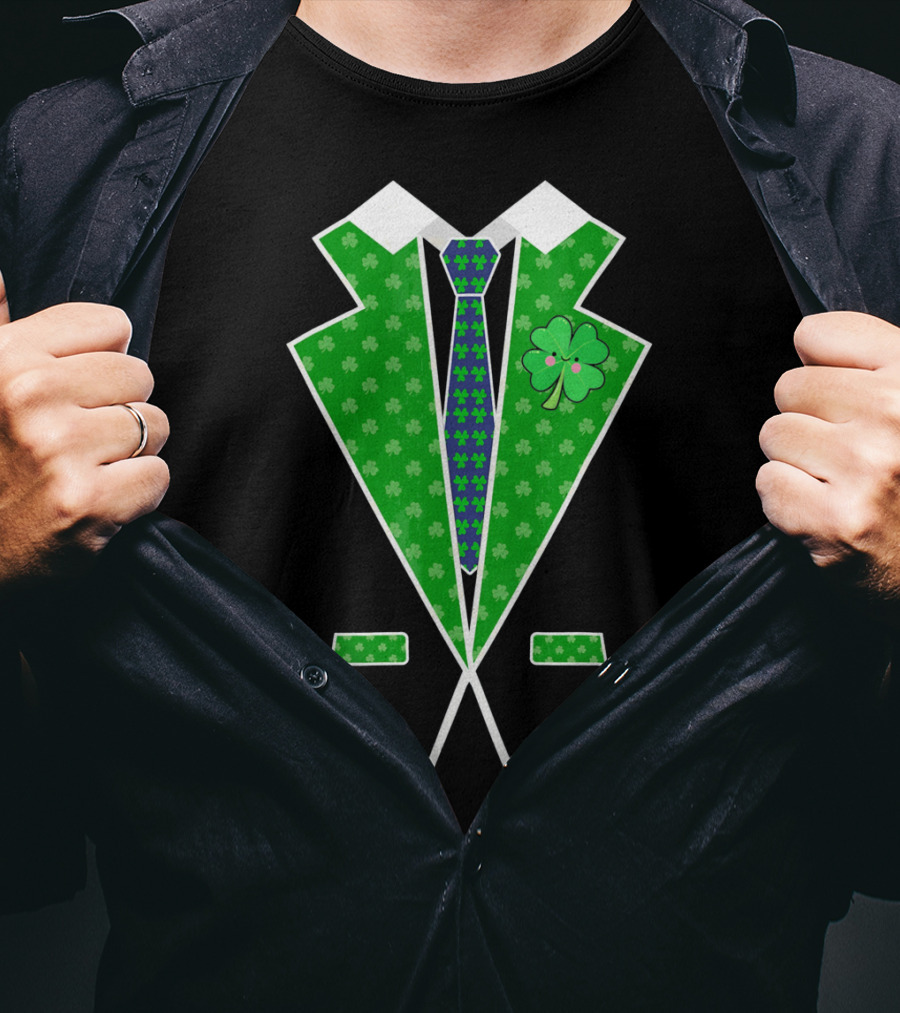 St. Patrick Day Shamrock Vest Tuxedo With Green Tie T-Shirt