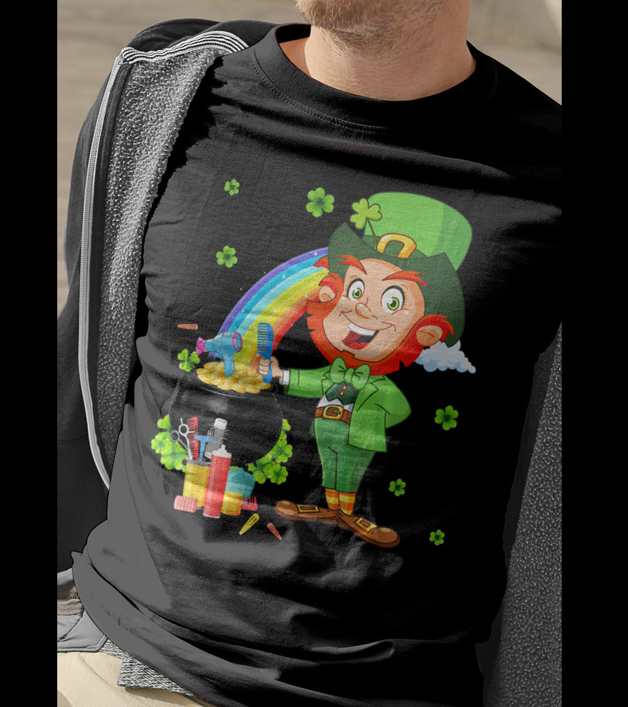 Medical Scrub Hairstylist Leprechaun Pat With Rainbow And Pot Of Gold Barber Tools T-Shirt