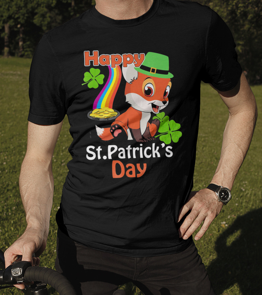 Happy St Patrick's Day Funny Fox Rainbow Clover Gold T-Shirt