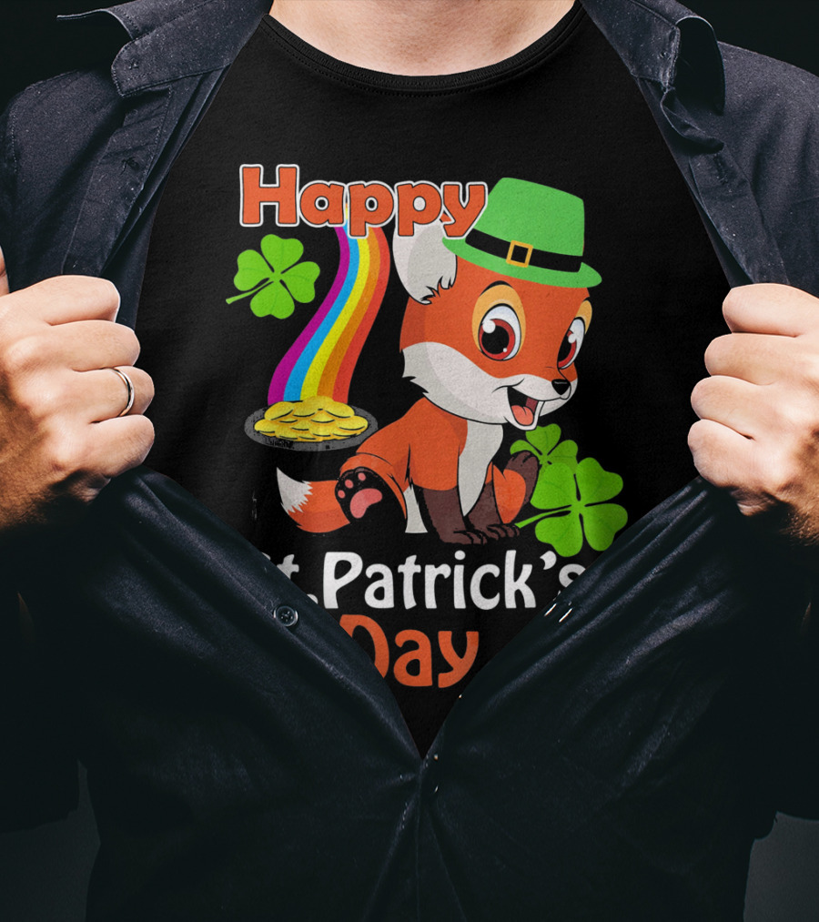 Happy St Patrick's Day Funny Fox Rainbow Clover Gold T-Shirt