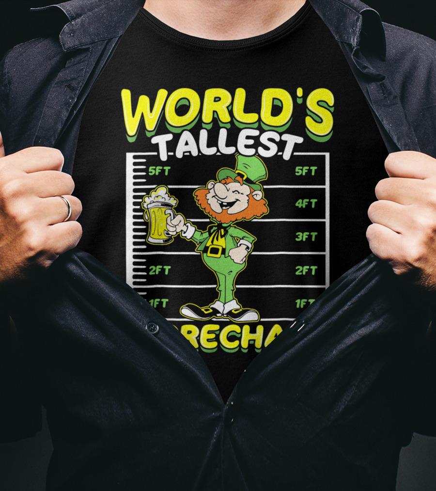 WORLD'S TALLEST LEPRECHAUN Funny St Pat Holding Beer Mug With Height Chart T-Shirt