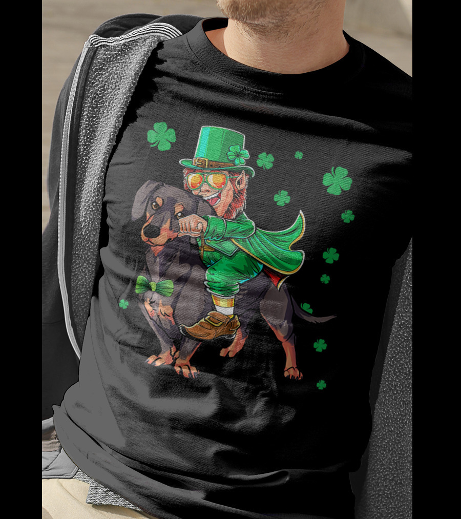 Leprechaun Riding Miniature Dachshund With Shamrocks T-Shirt