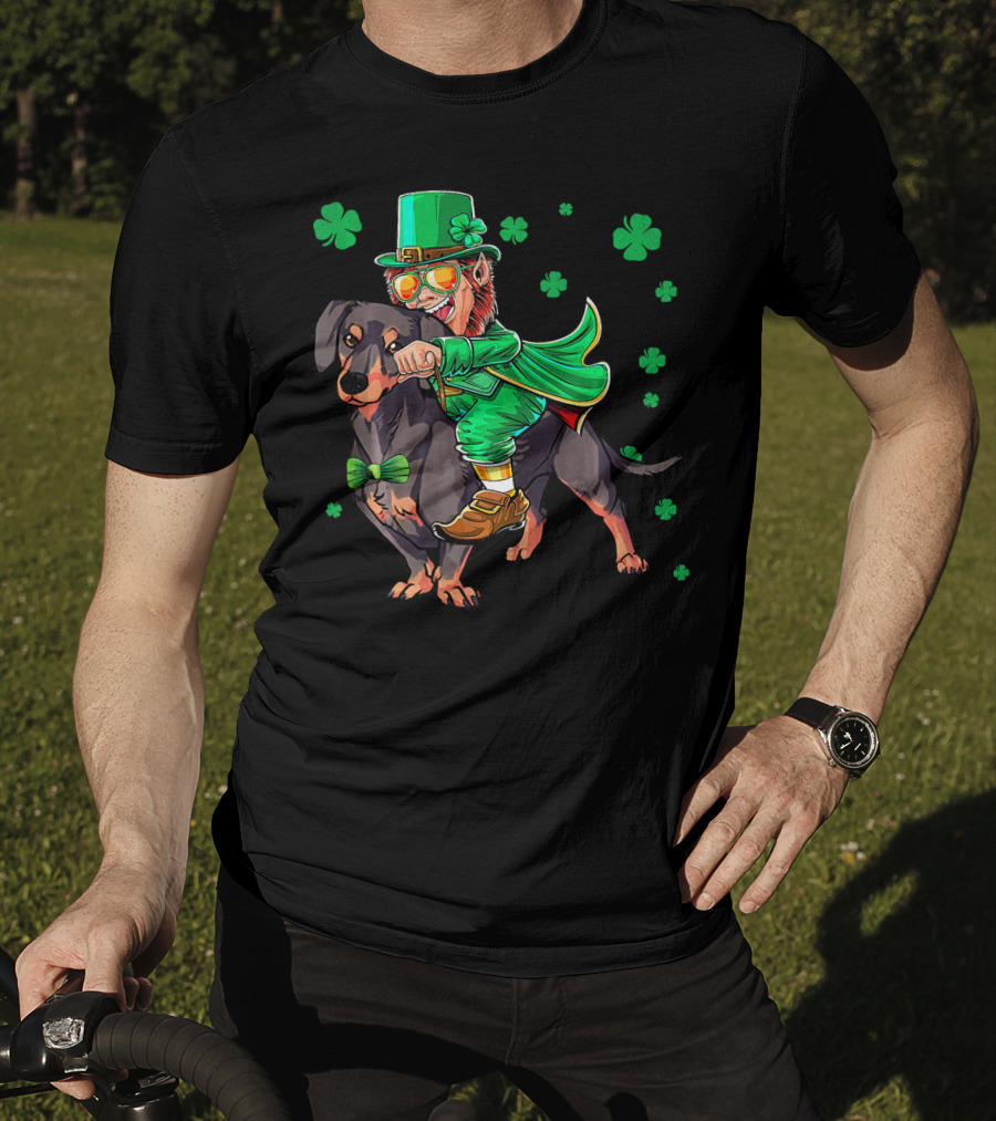 Leprechaun Riding Miniature Dachshund With Shamrocks T-Shirt