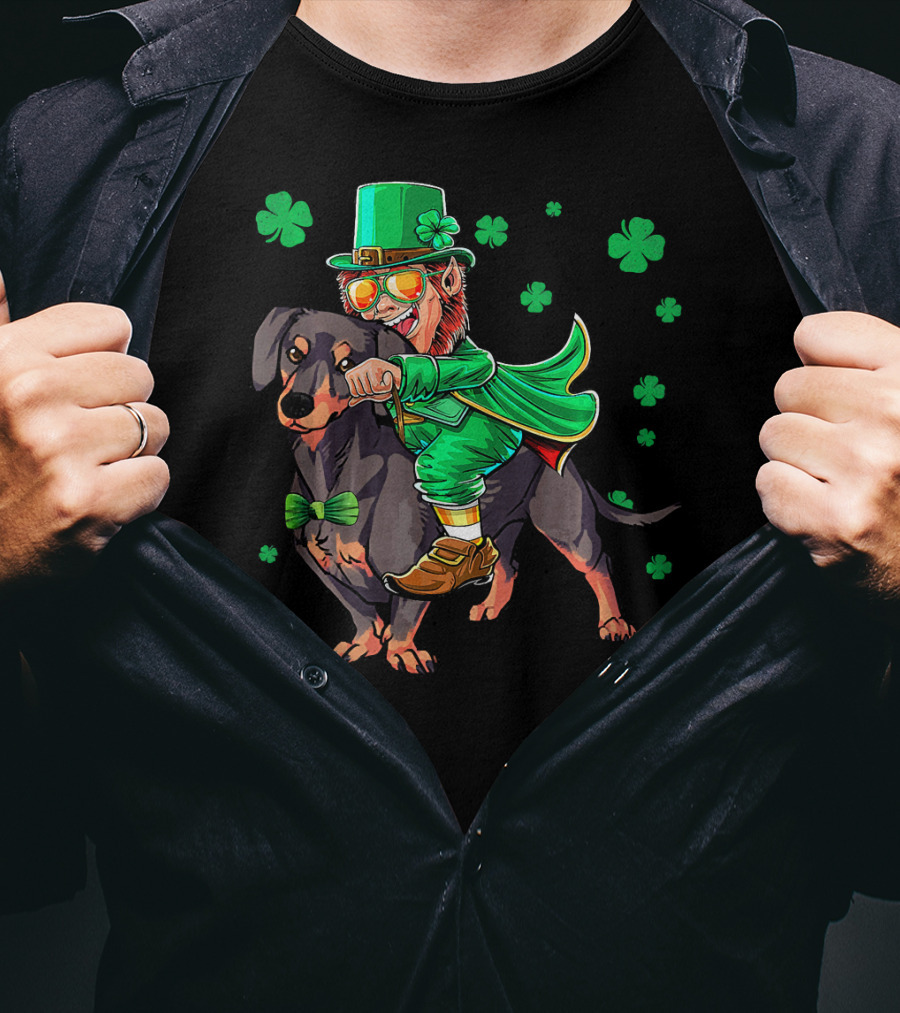 Leprechaun Riding Miniature Dachshund With Shamrocks T-Shirt