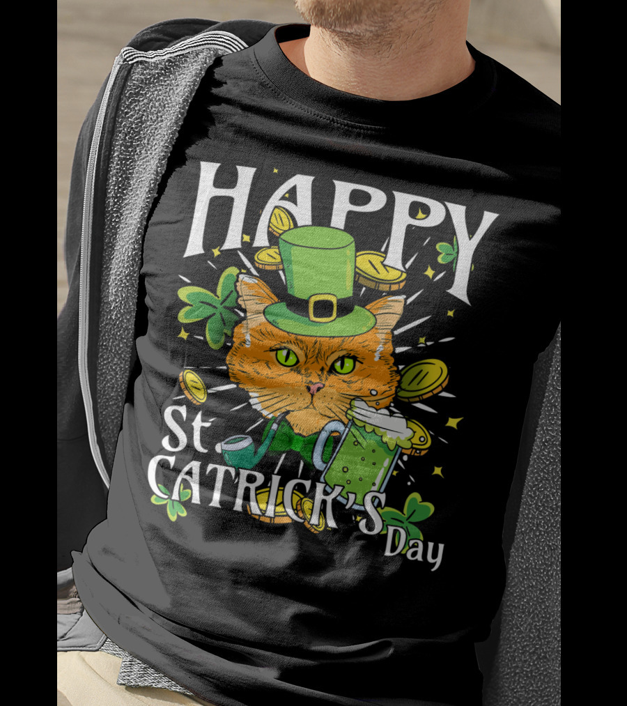 Happy St. Catricks Day Funny St. Patrick Cat Clover Coins T-Shirt