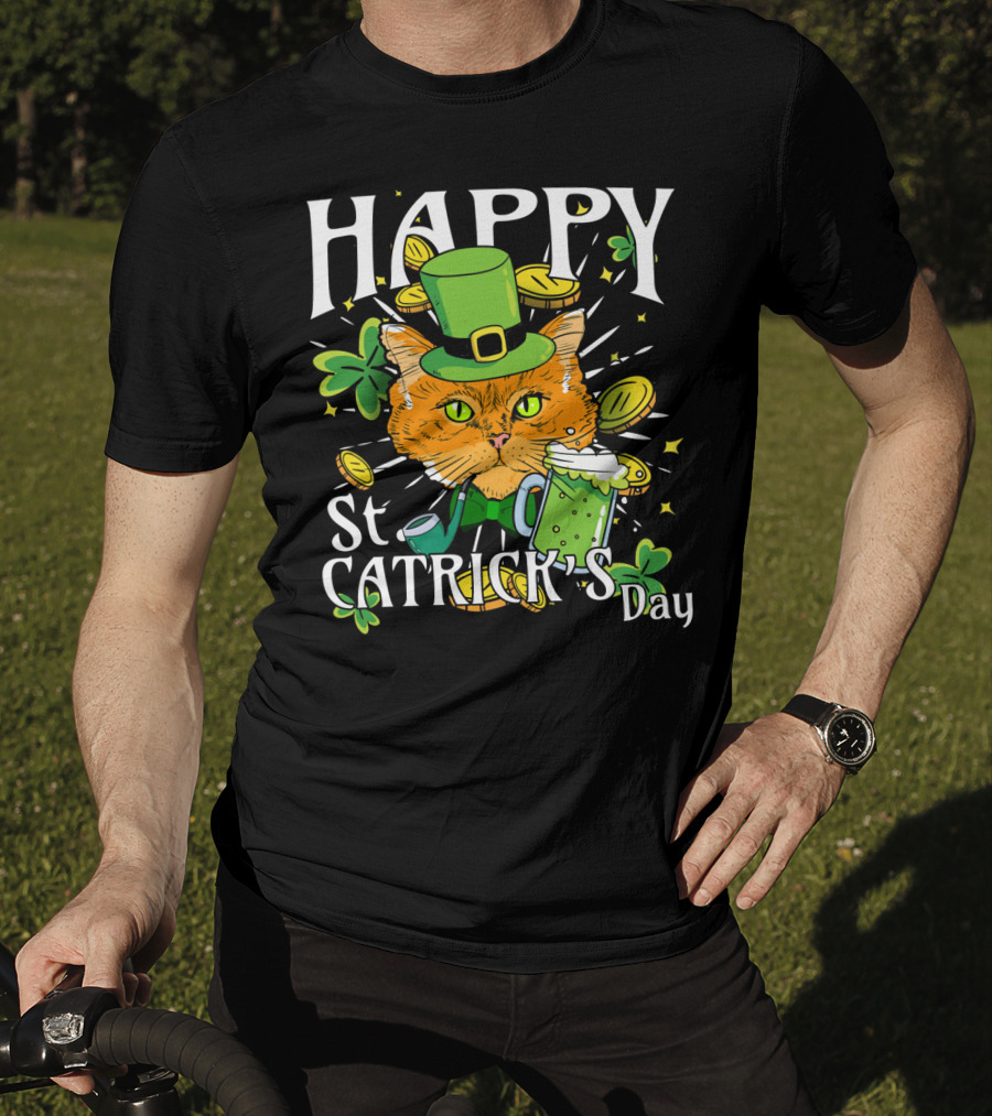 Happy St. Catricks Day Funny St. Patrick Cat Clover Coins T-Shirt