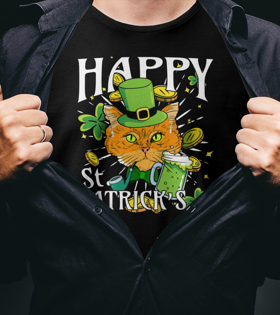 Happy St. Catricks Day Funny St. Patrick Cat Clover Coins T-Shirt