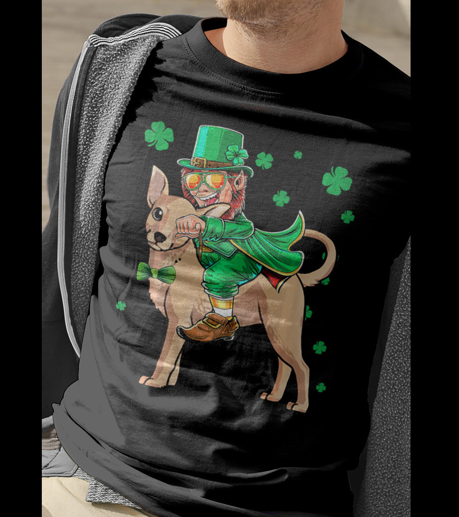 Leprechaun Riding Chihuahua With Shamrocks St. Patrick's Day T-Shirt