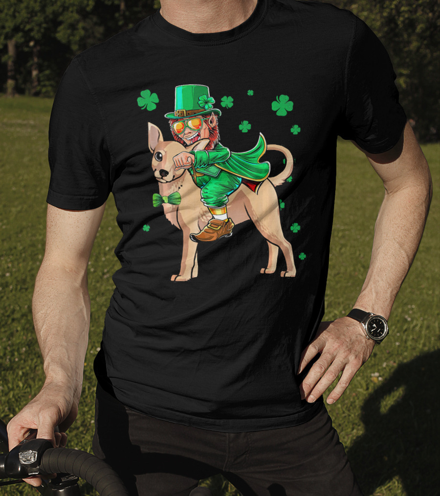 Leprechaun Riding Chihuahua With Shamrocks St. Patrick's Day T-Shirt