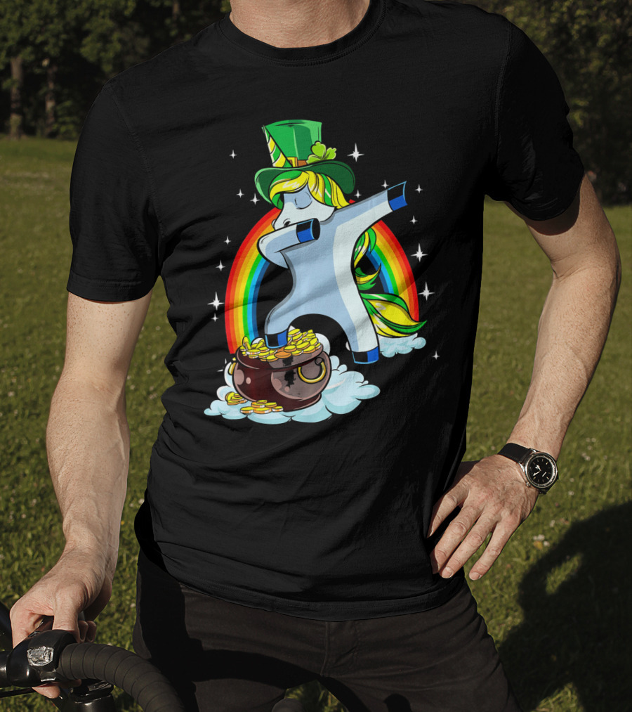 St Patricks Day Dabbing Unicorn Rainbow Pot Of Gold T-Shirt