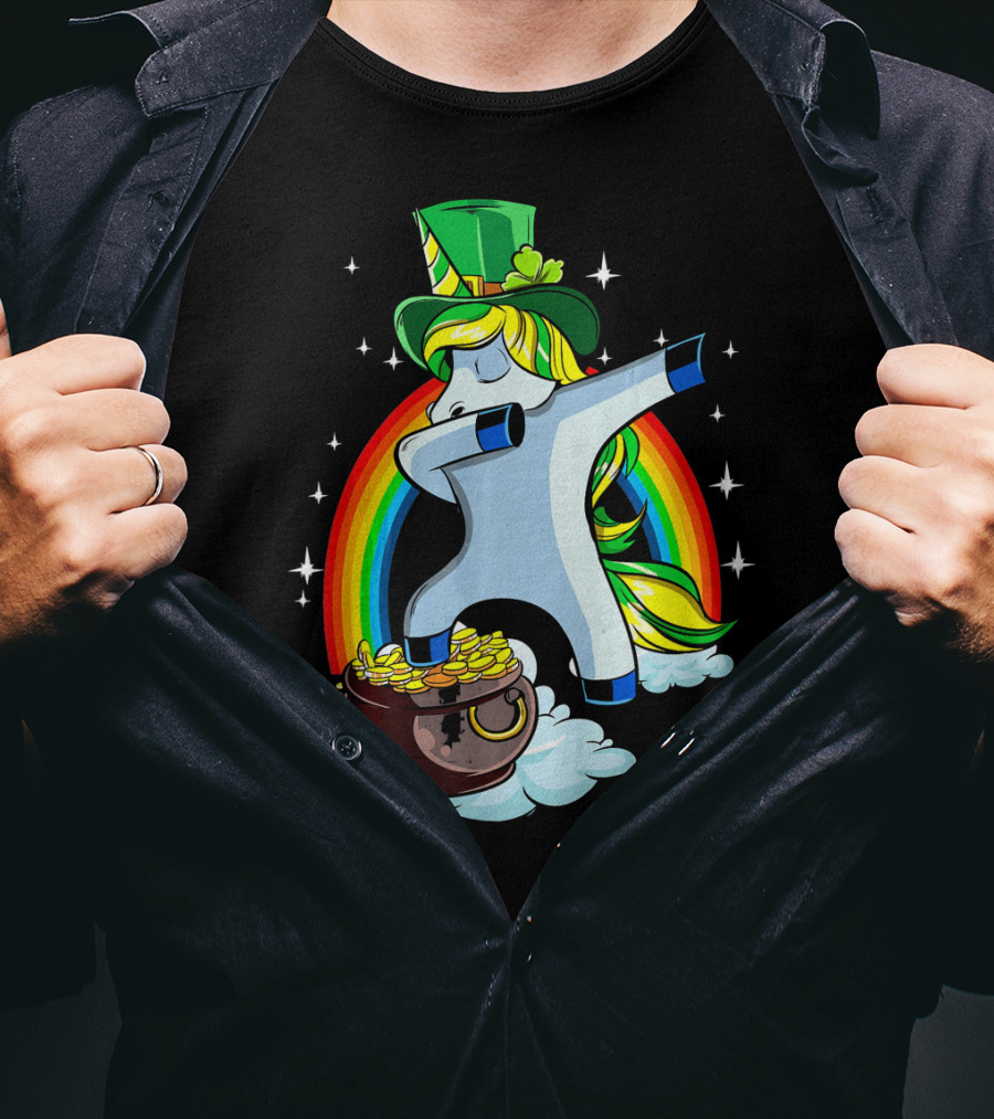 St Patricks Day Dabbing Unicorn Rainbow Pot Of Gold T-Shirt