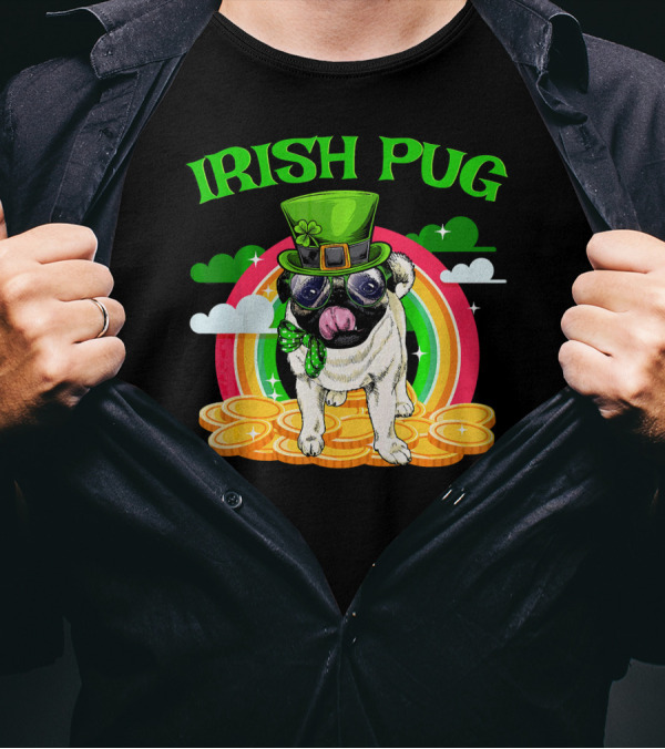 Irish Pug Funny St Patricks Day Leprechaun Rainbow Coins T-Shirt